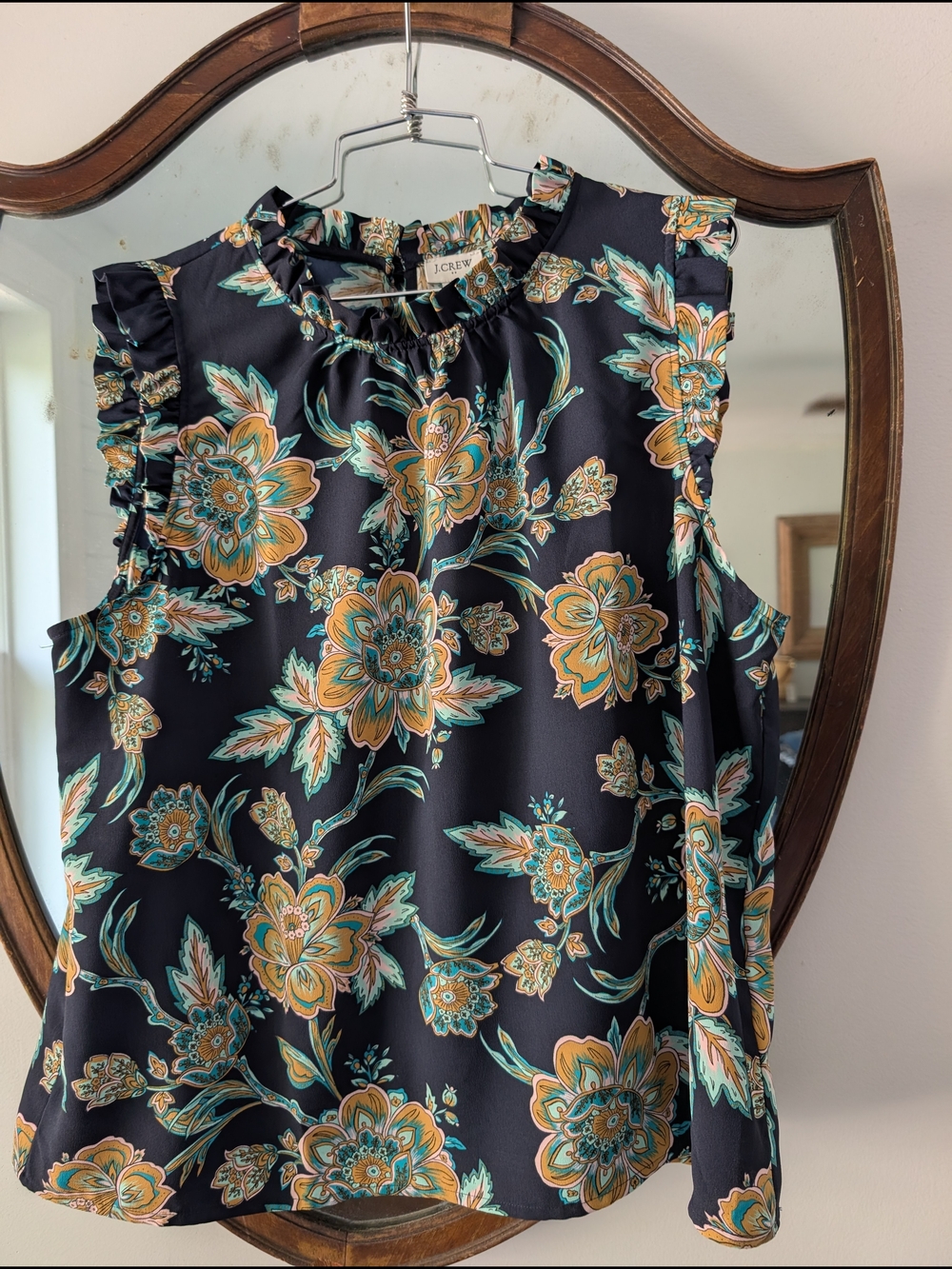 J. Crew Navy Floral Ruffle-Sleeve Camisole